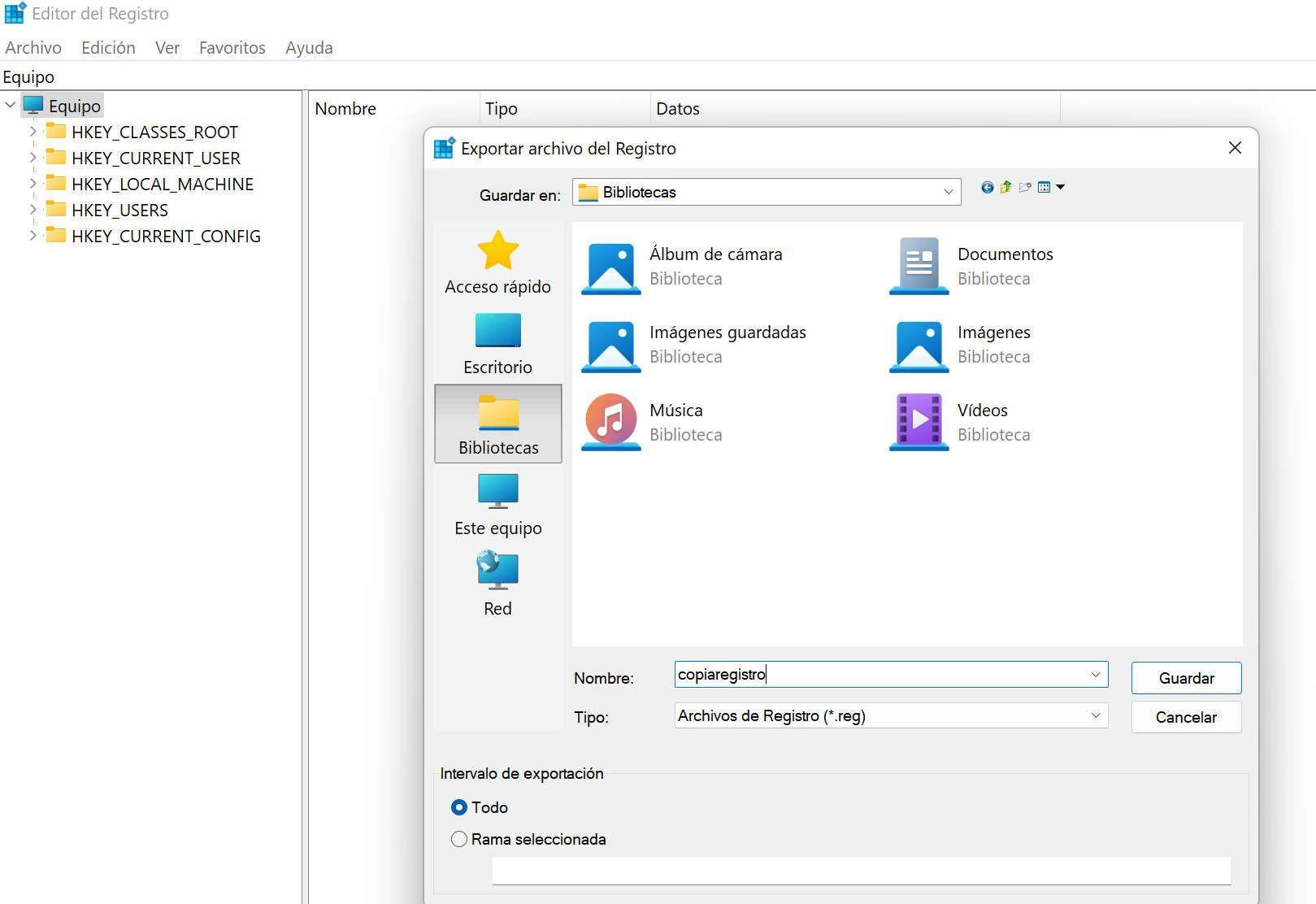 cambios en el registro con el comando REG