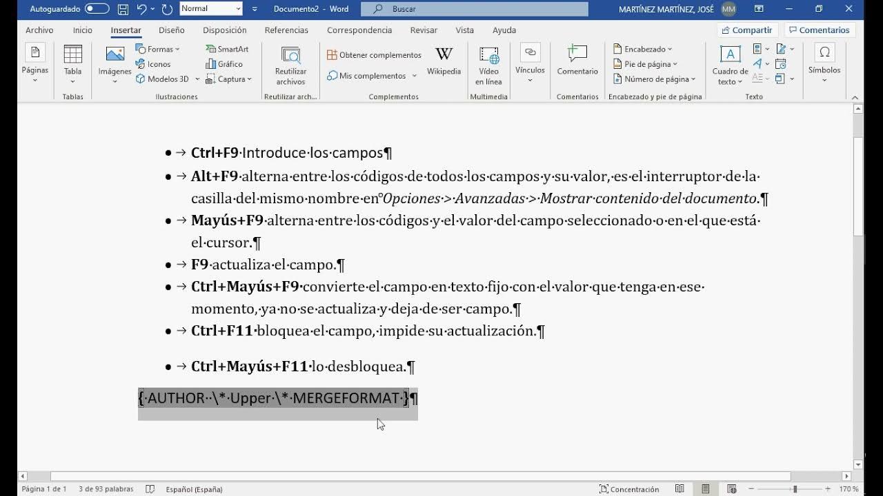 Ejemplos de campos automáticos en Word