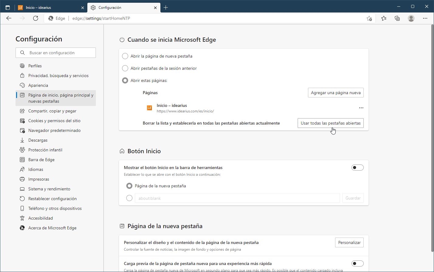 Opciones de configuración de Edge
