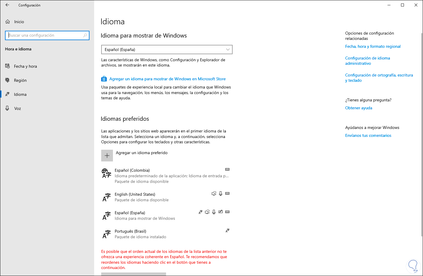 Menú de idioma y región en Windows Menú de idioma y región en Windows