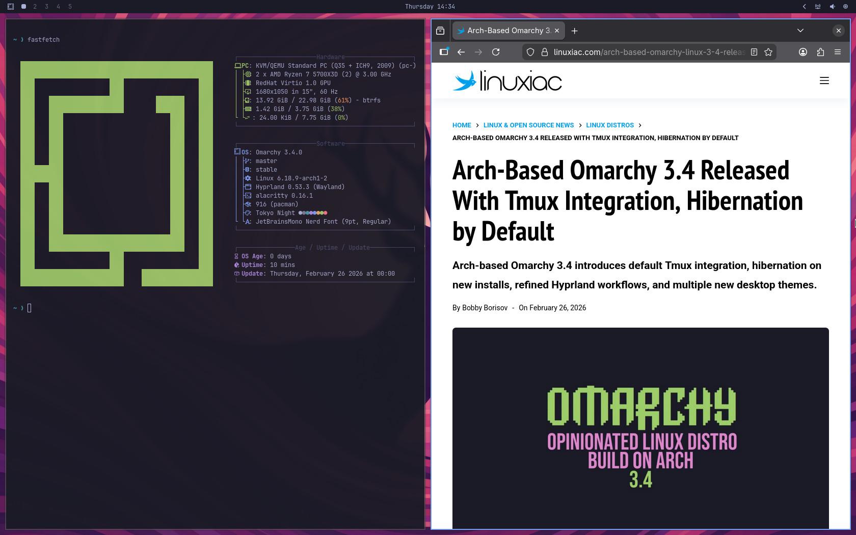 Integración tmux en Omarchy basado en Arch