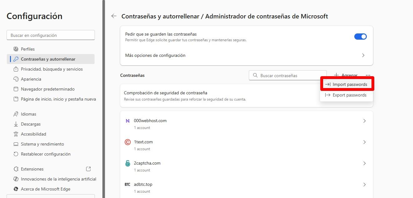 Borrar contraseñas guardadas en Microsoft Edge