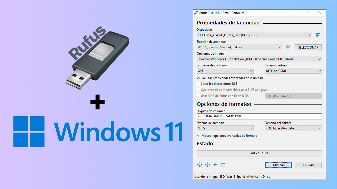 Crear USB booteable Windows 11 herramienta creacion medios Rufus