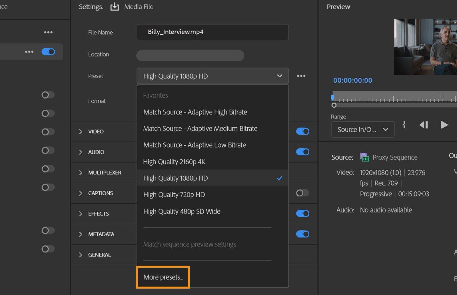 Panel de exportación en Adobe Premiere Pro