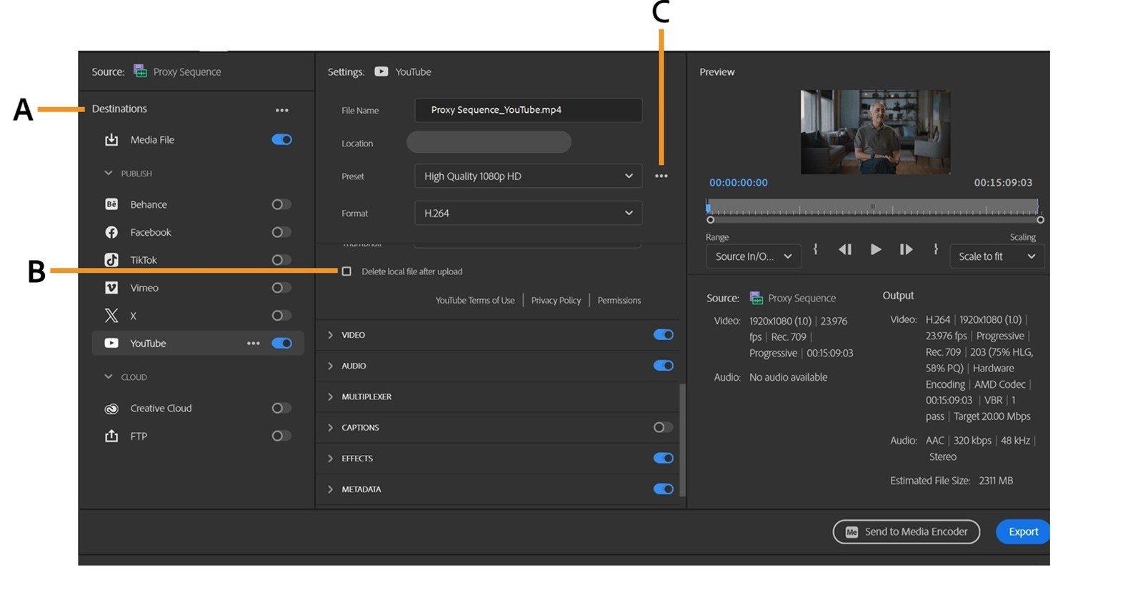 Ajustes de exportación en Adobe Premiere Pro