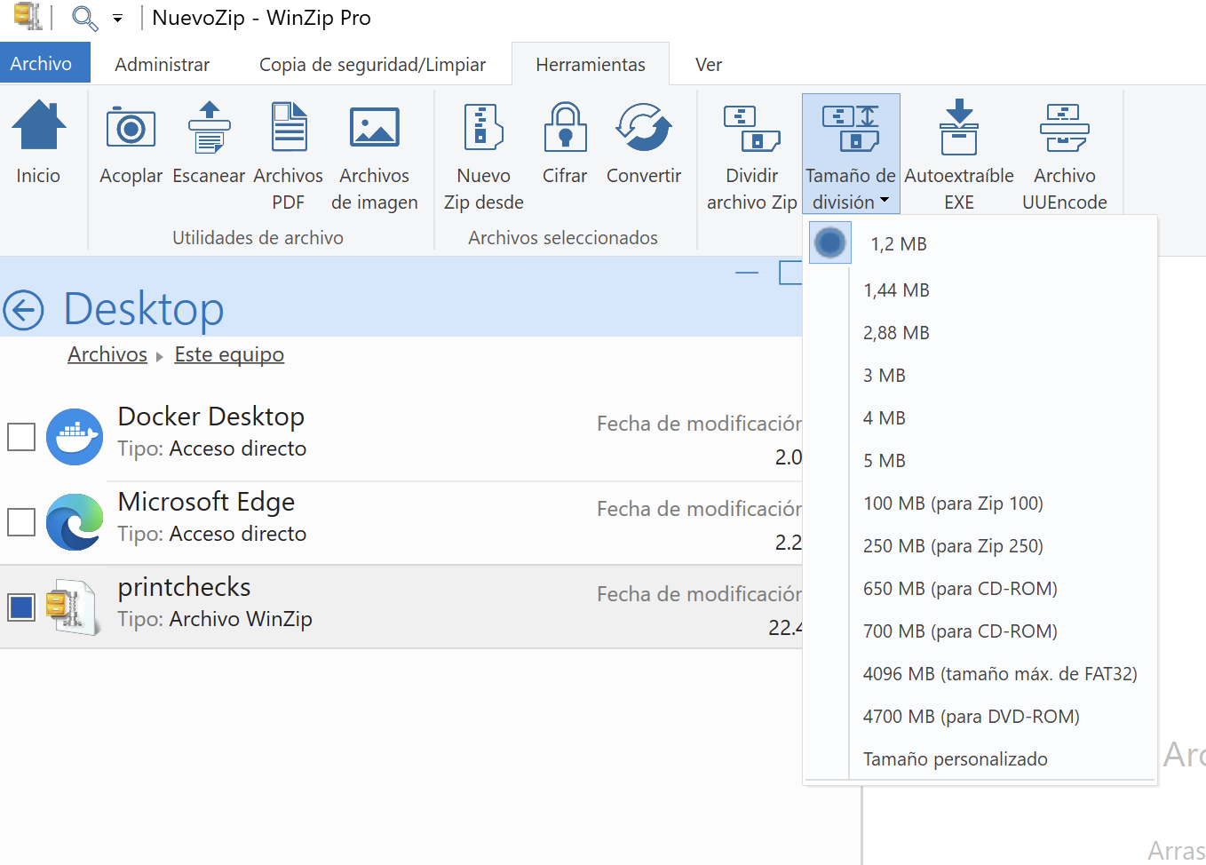 Interfaz de 7-Zip para dividir archivos