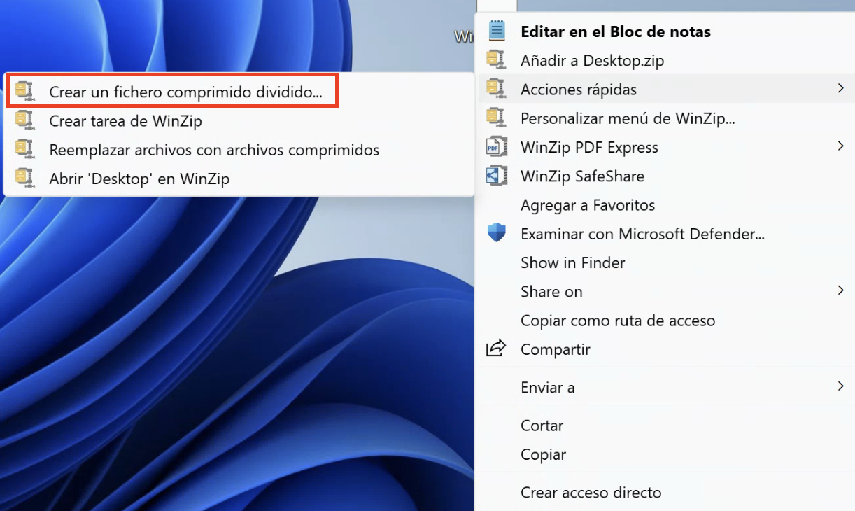 Opciones para dividir en volúmenes con 7-Zip