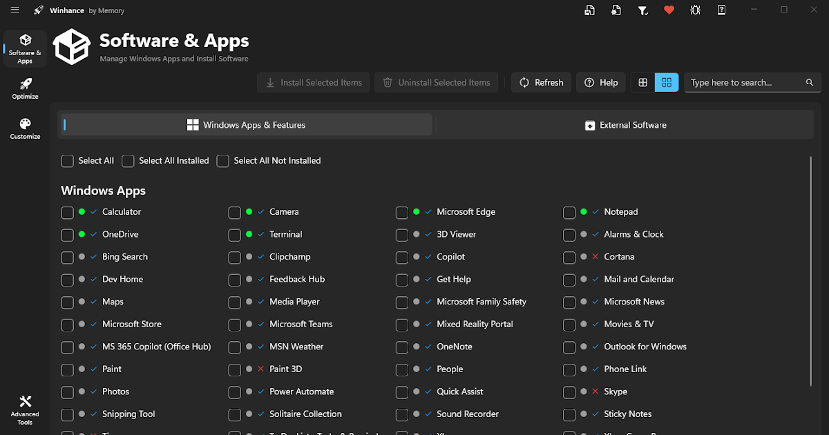 Interfaz de Winhance en Windows 11