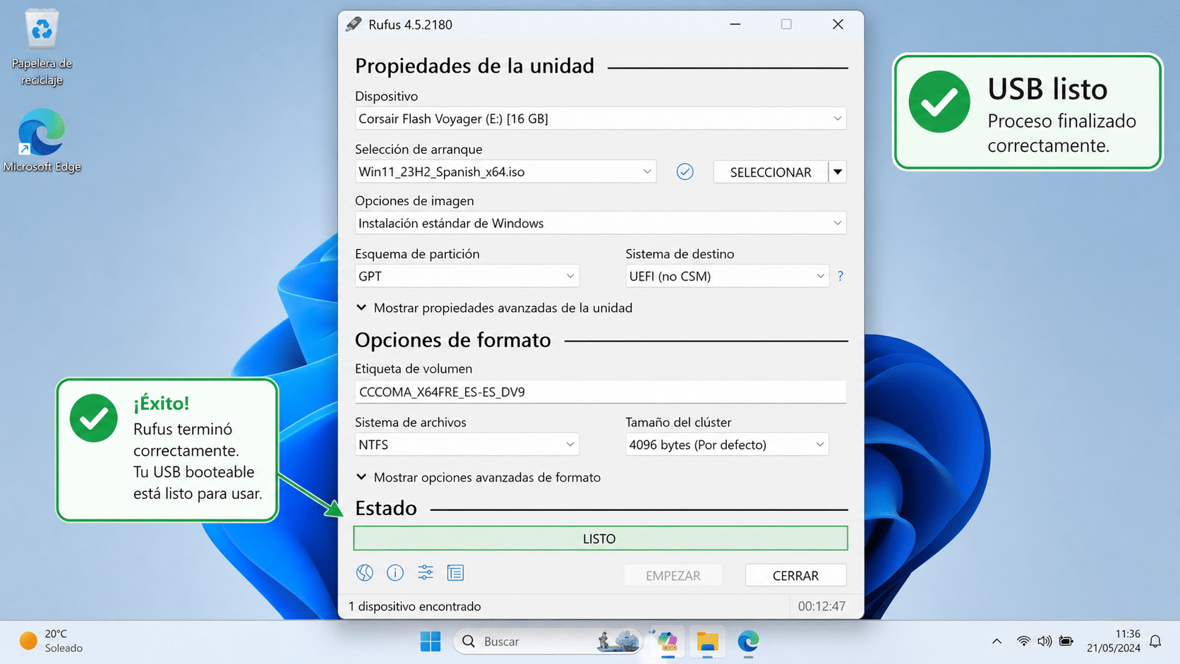 Interfaz de Rufus para crear USB booteable