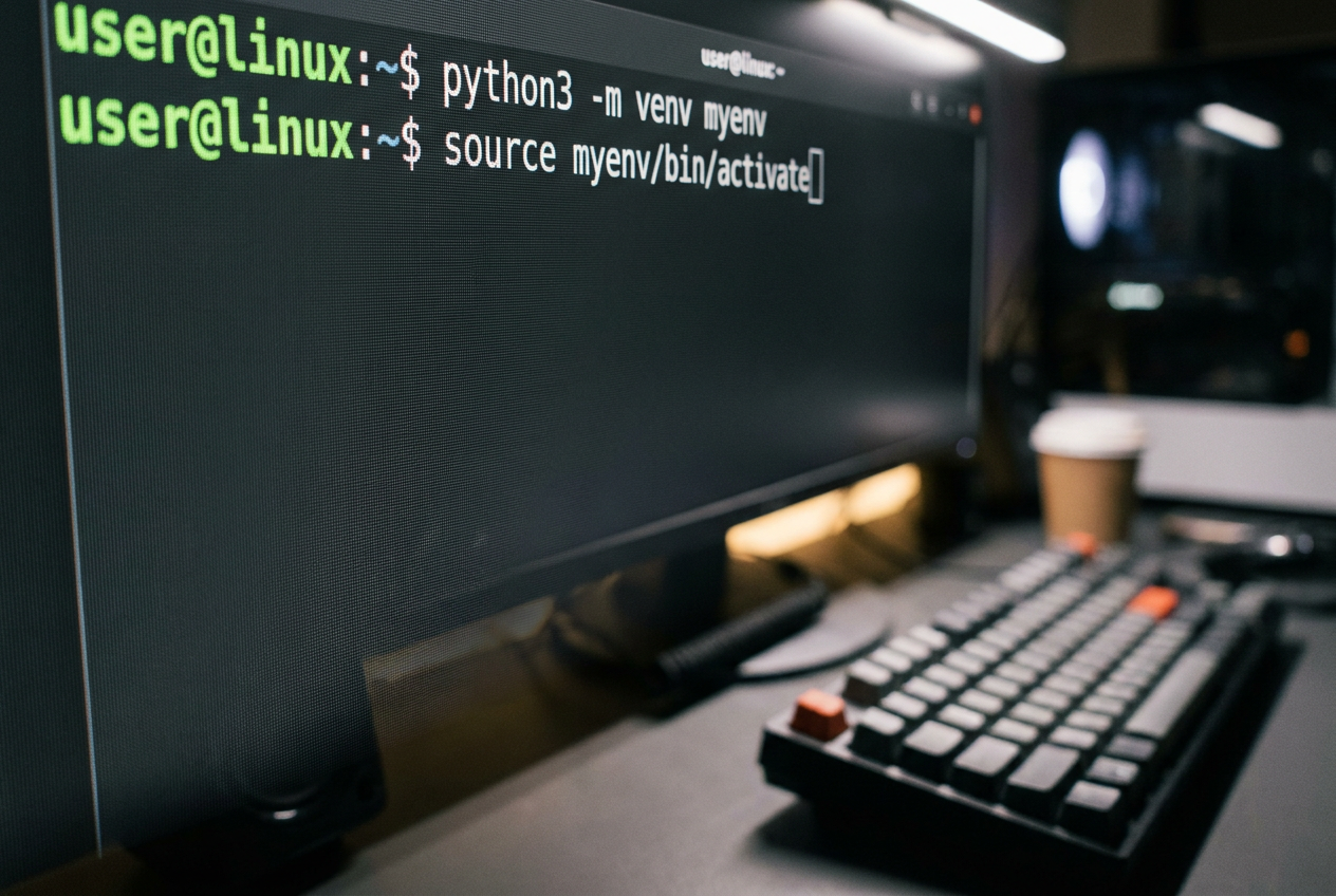 Primer plano de una pantalla de ordenador con una ventana de terminal de Linux mostrando comandos de creación de entorno virtual (venv).