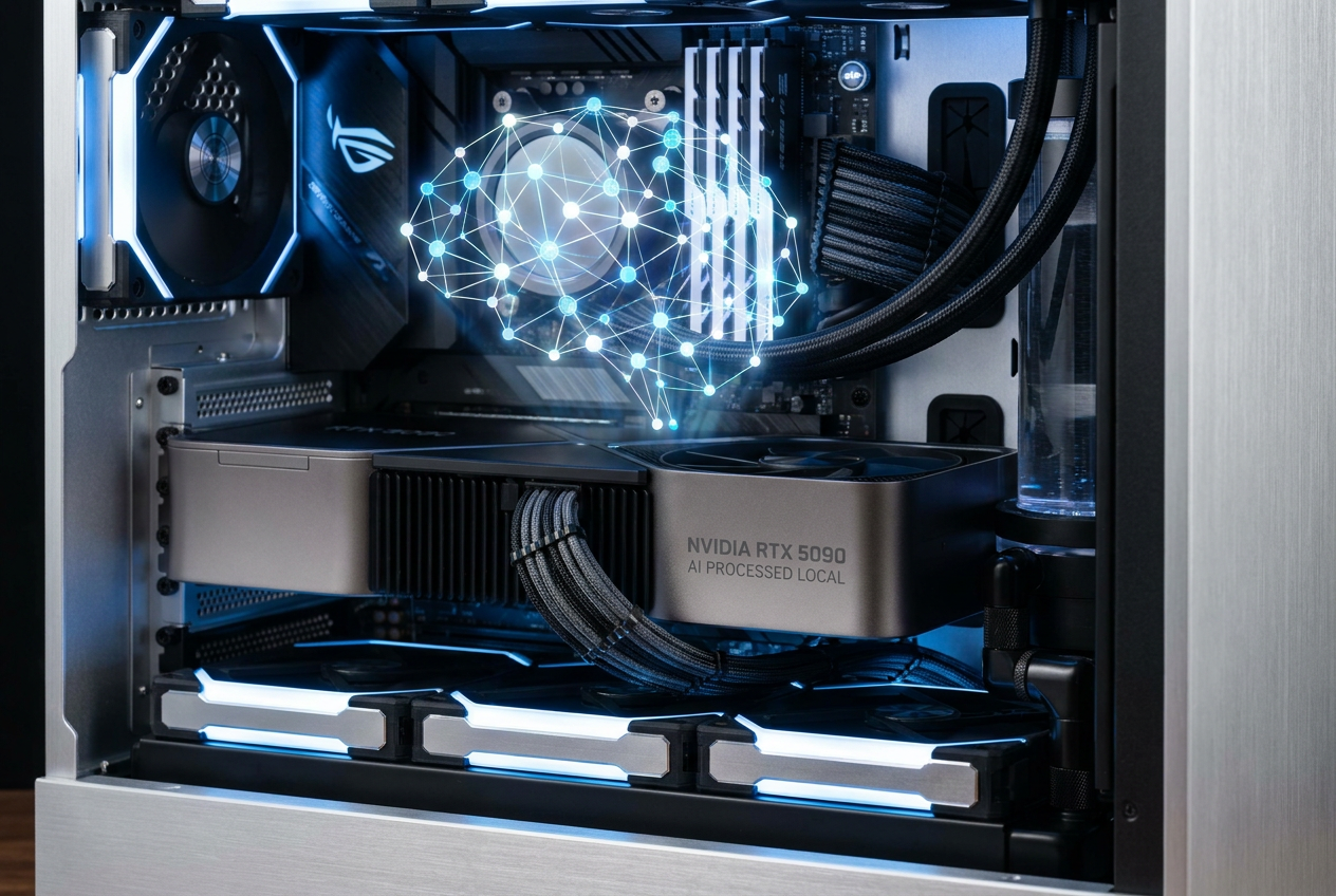 Tarjeta gráfica (GPU) de alta gama dentro de un PC con una superposición holográfica de una red neuronal, representando el procesamiento de IA local.
