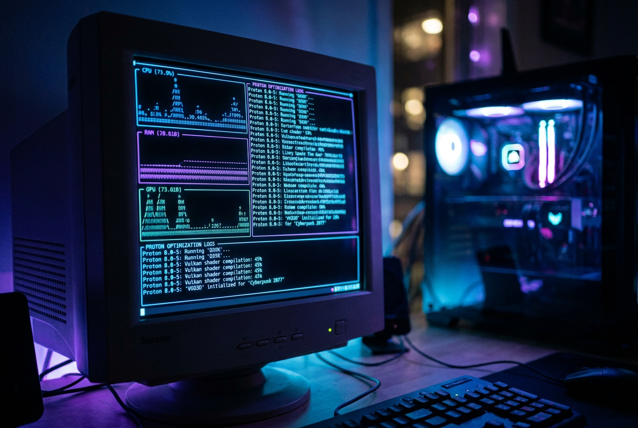 Stylized Linux terminal on a monitor displaying system performance and Proton optimization logs.