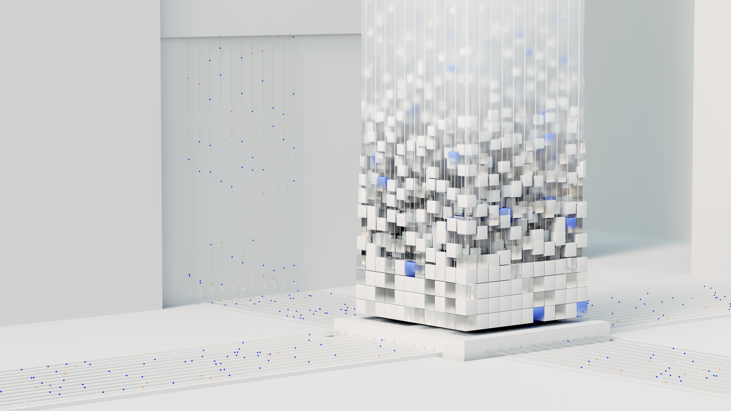 Representación abstracta 3D de redes neuronales y flujos de datos de inteligencia artificial.