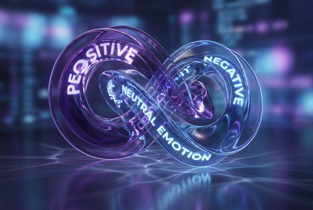 Visualización abstracta en 3D de análisis de sentimientos con IA, mostrando conceptos de polaridad positiva, negativa y neutra.