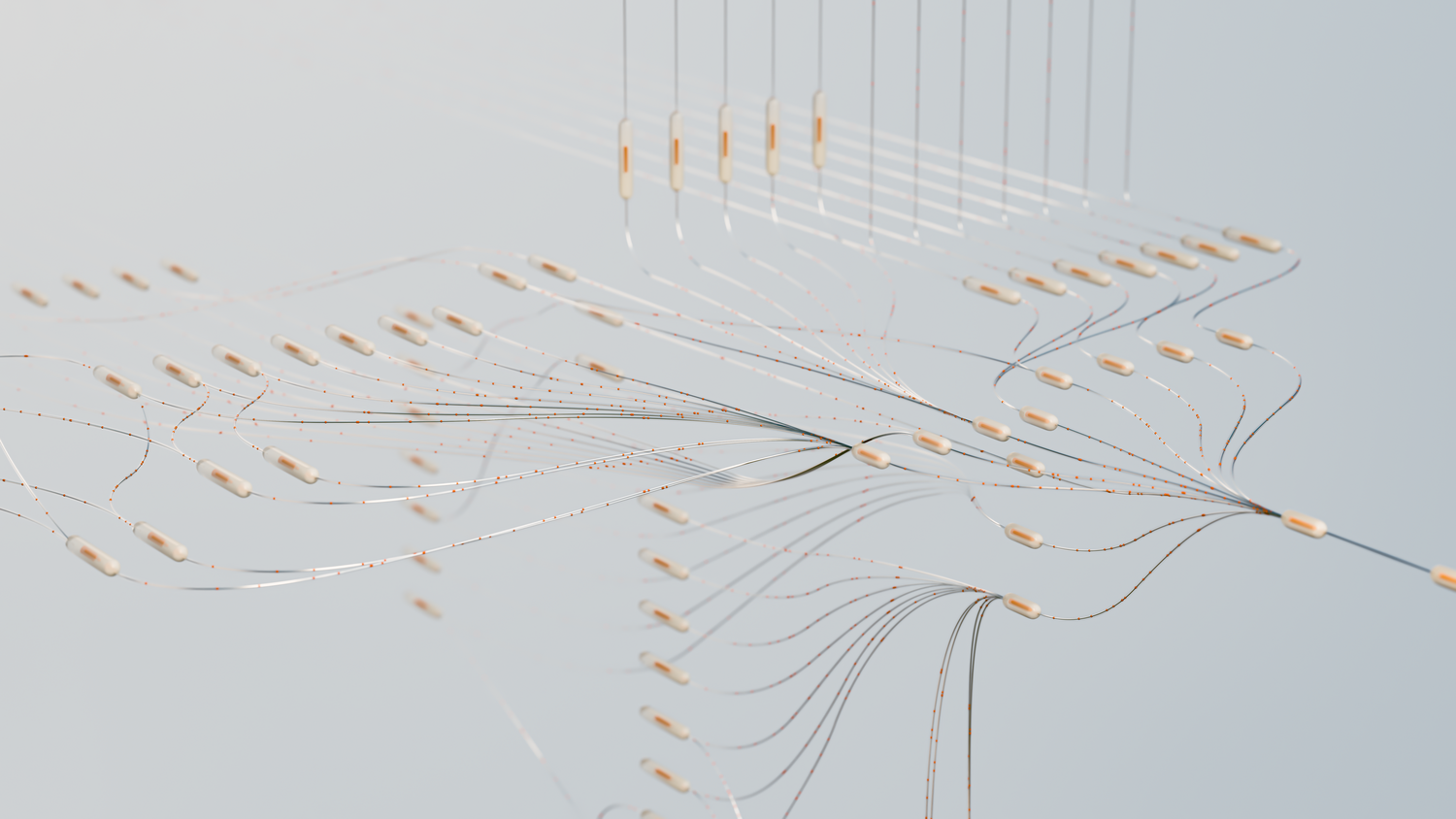 Visualización 3D elegante de redes neuronales que muestra conexiones abstractas en un espacio digital, representando el machine learning y el deep learning.
