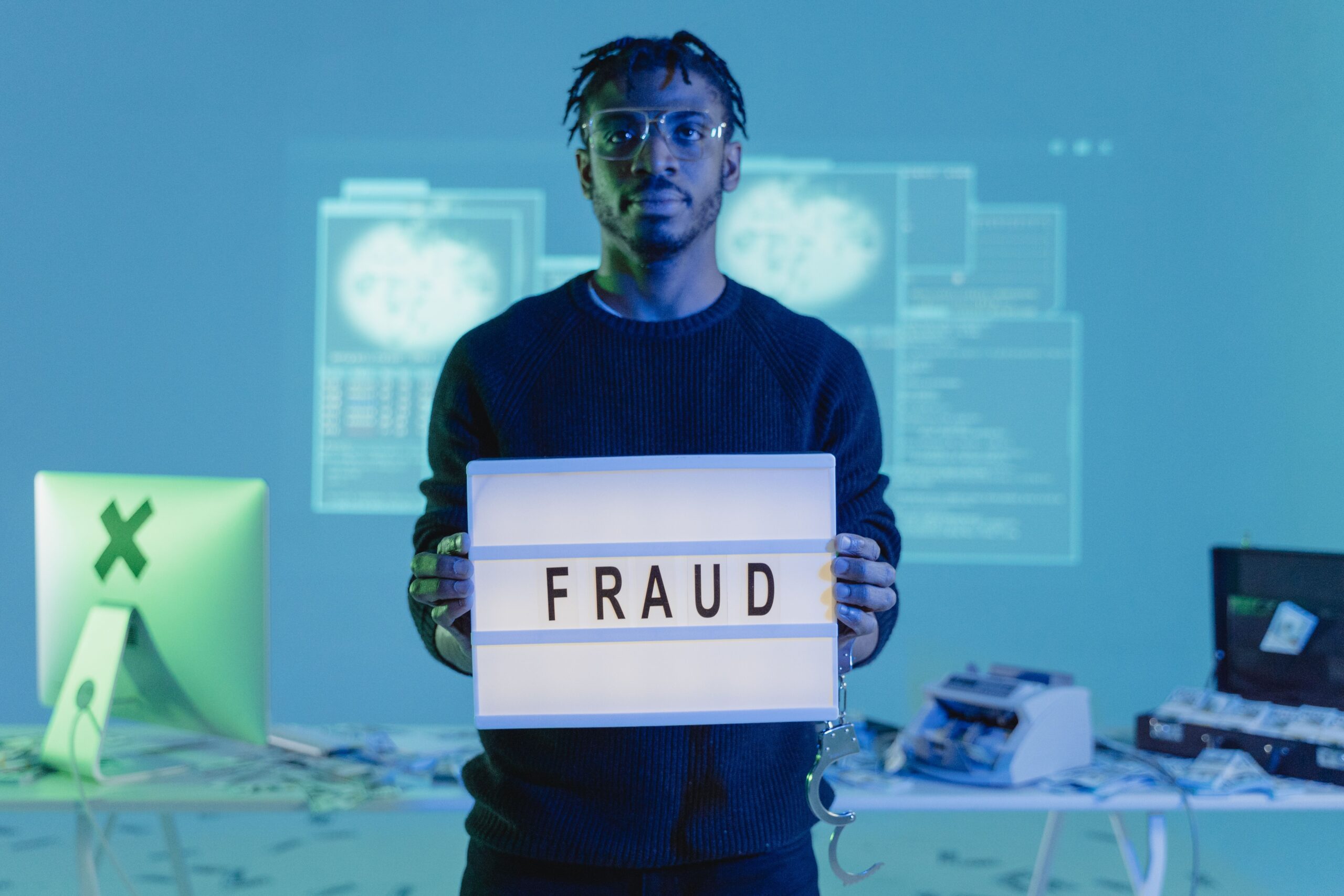 Hombre sosteniendo un cartel con la palabra 'FRAUD' en un entorno tecnológico, simbolizando las amenazas de ciberseguridad.
