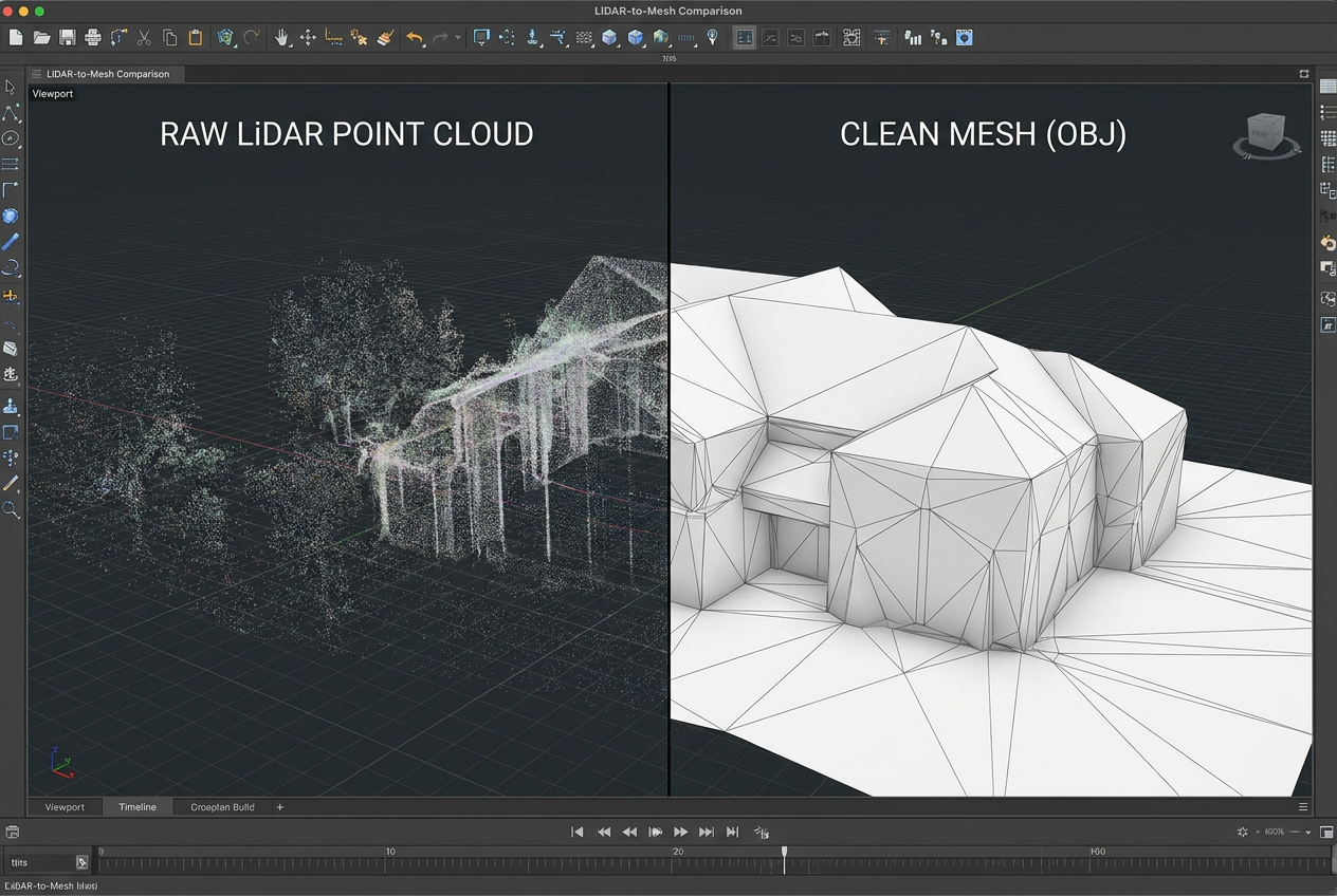 Comparativa entre una nube de puntos LiDAR bruta y una malla 3D triangulada limpia en formato OBJ para arquitectura.