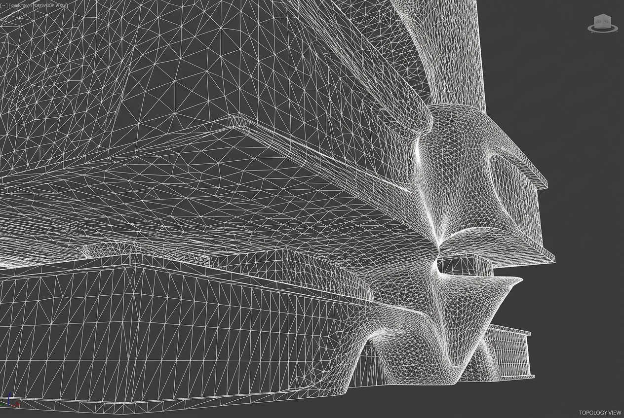 Modelo de malla wireframe detallado de un edificio arquitectónico complejo mostrando la topología de triángulos.