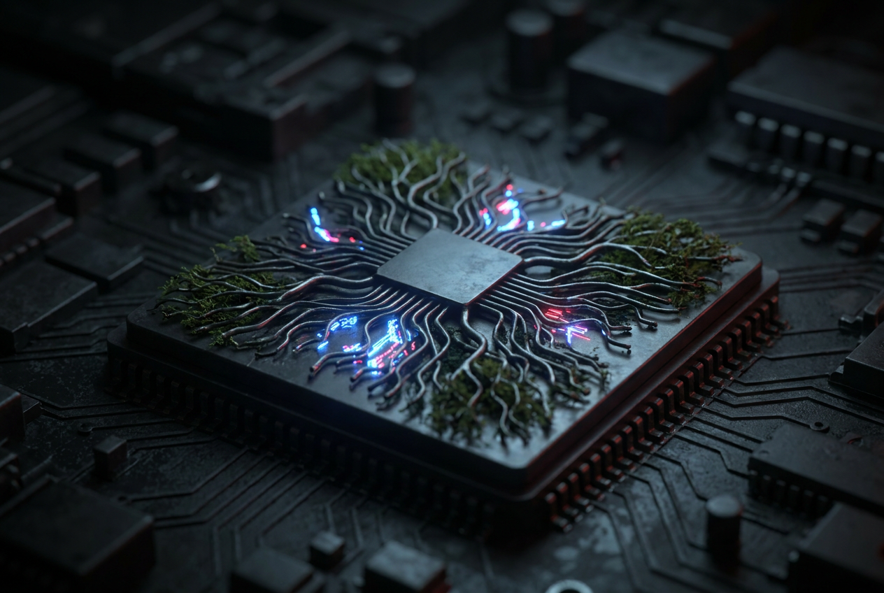 Representación artística de un chip diseñado por IA con circuitos orgánicos y caóticos y destellos de luz que simbolizan la corrupción silenciosa de datos.