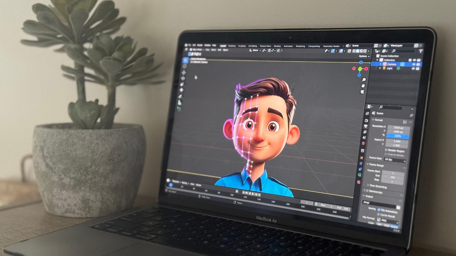 Pantalla de laptop mostrando el software de modelado 3D Blender con un personaje en proceso de rigging, ejemplificando el uso de drivers Studio.