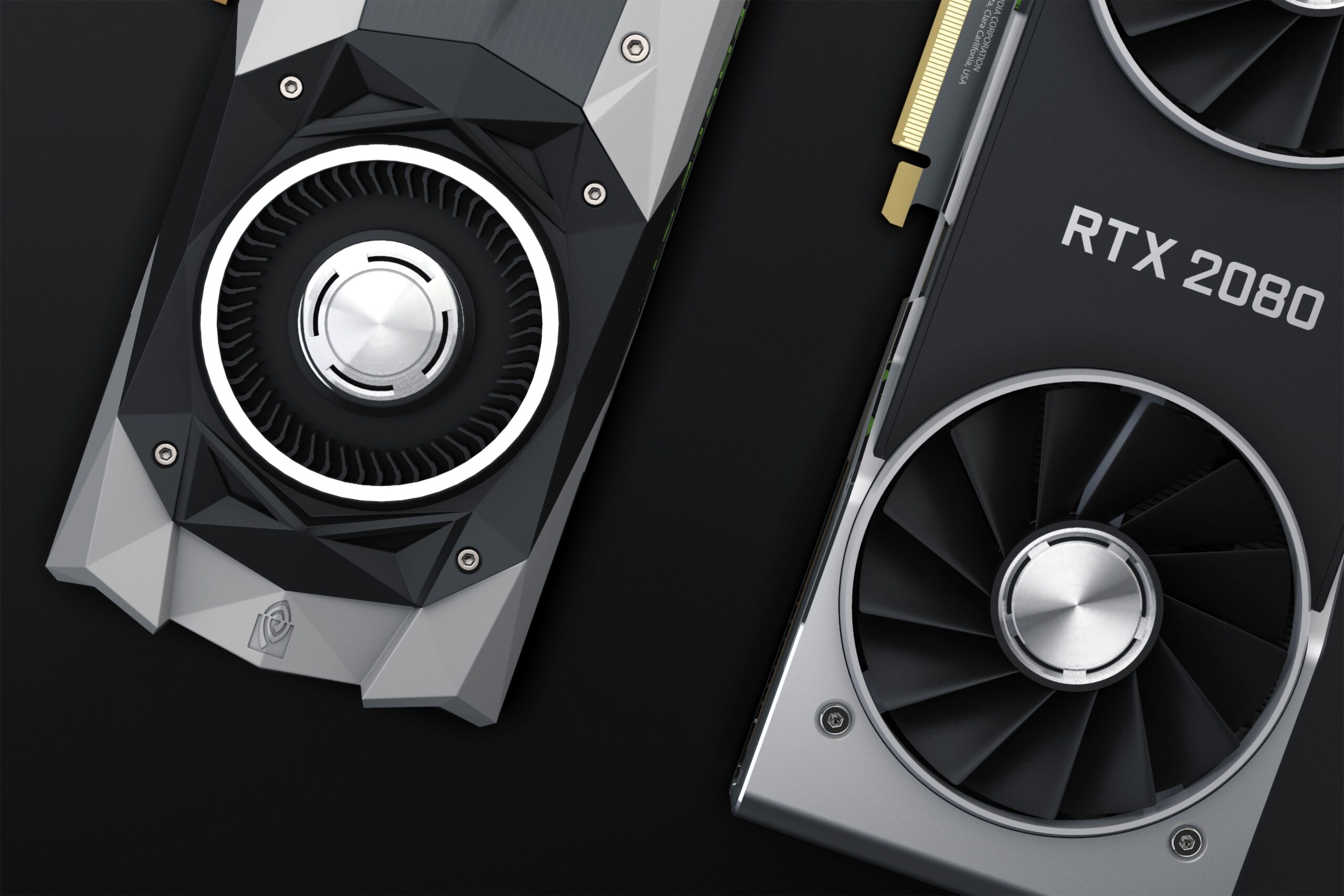 Primer plano de tarjetas gráficas de alto rendimiento, ilustrando el hardware de GPU compatible con macOS.
