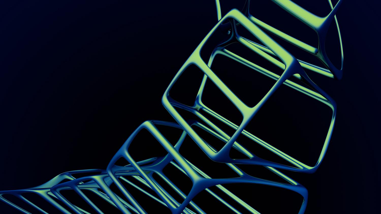 Œuvre d'art numérique abstraite aux formes géométriques lumineuses rendues en 3D, illustrant la qualité et le photoréalisme du moteur Cycles.