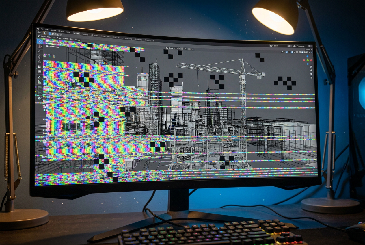 Ejemplo de artefactos visuales, rayas y ruido digital en un renderizado 3D profesional debido a problemas de drivers de GPU.