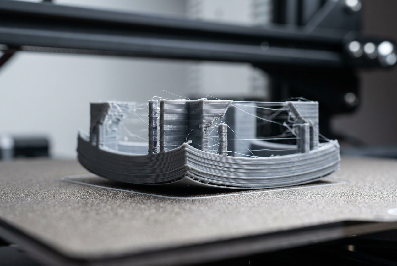 Ejemplo visual de fallos comunes en impresión 3D, mostrando el efecto de warping (deformación) y stringing (hilos) en una pieza plástica.