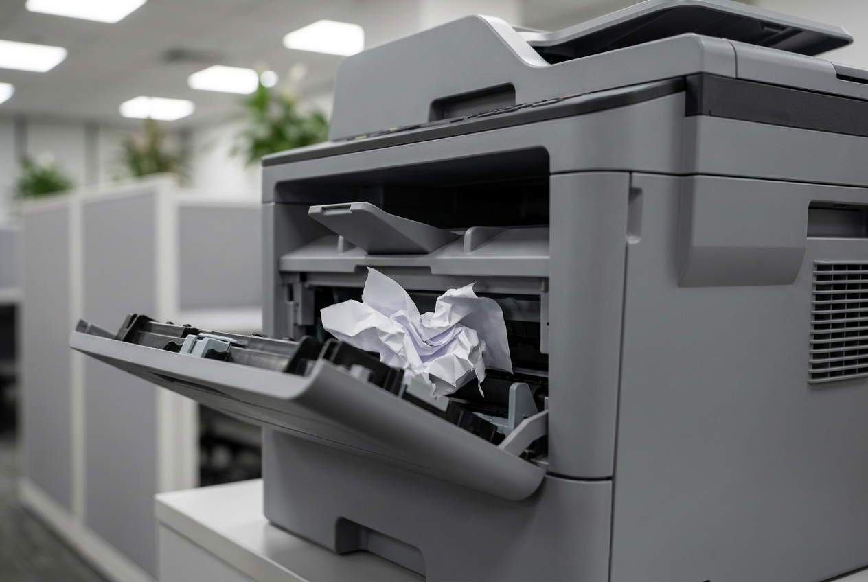 Fotografía detallada de un atasco de papel en una impresora moderna, con una hoja de A4 arrugada obstruyendo el paso del papel