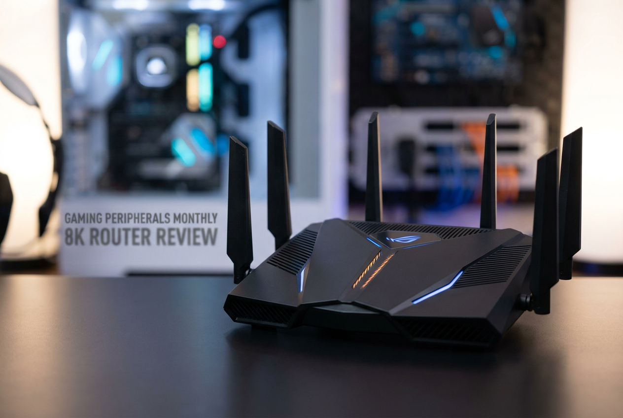 High-end gaming router with aggressive angular design and RGB accents.