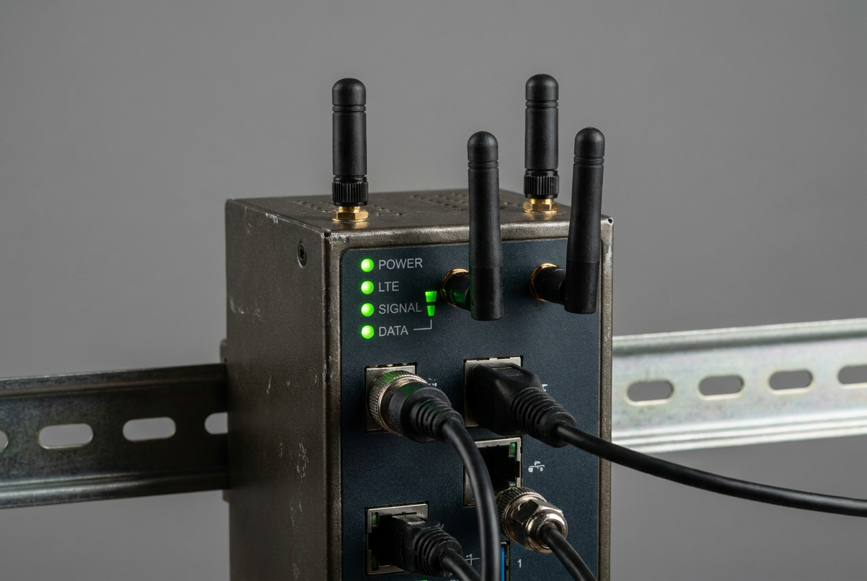 Industrial cellular router with rugged metal chassis and external antennas.