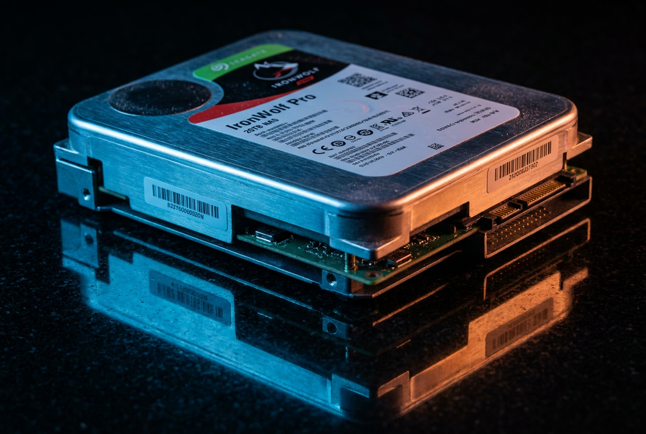 Primer plano detallado de un disco duro interno de 3.5 pulgadas diseñado específicamente para servidores NAS sobre una superficie reflectante.