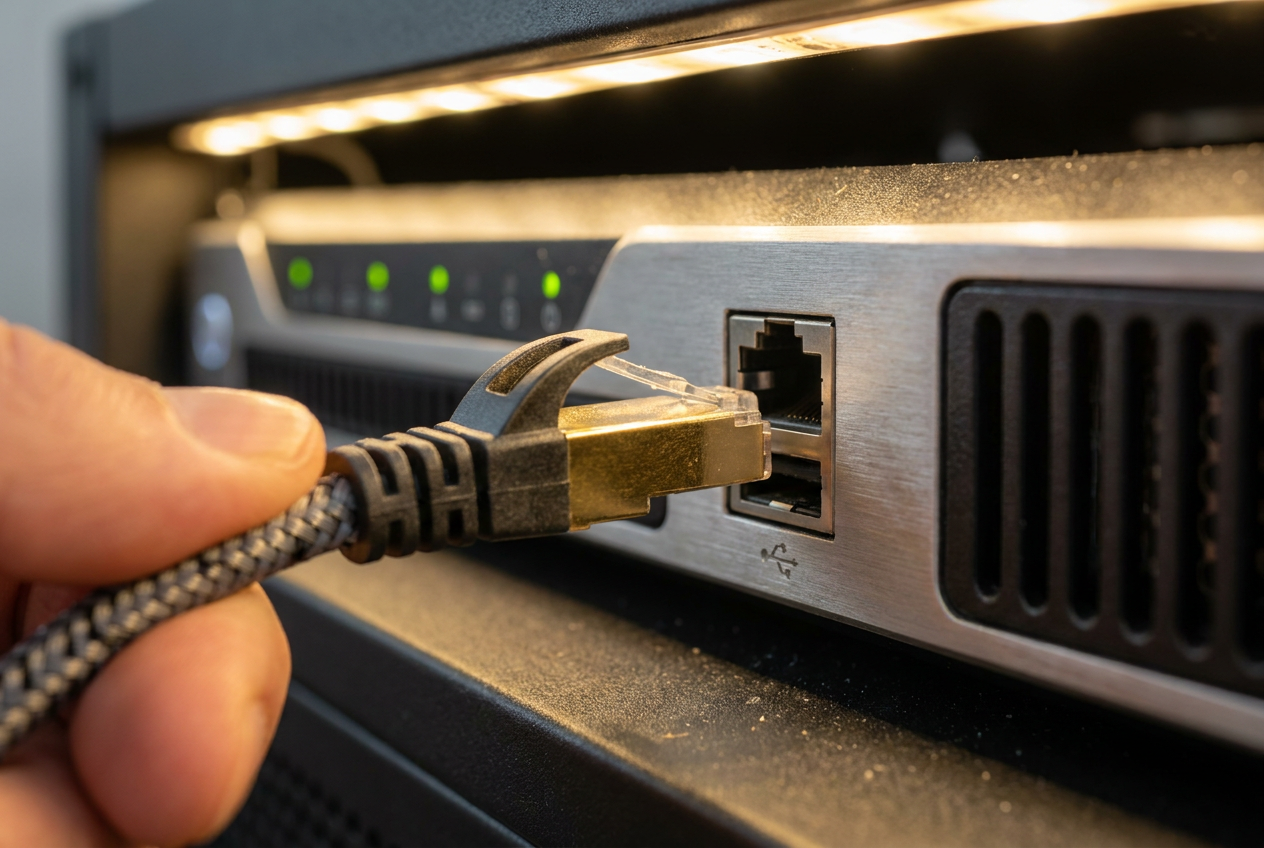Primer plano extremo de un cable Ethernet RJ45 siendo conectado al puerto de red de un servidor doméstico.