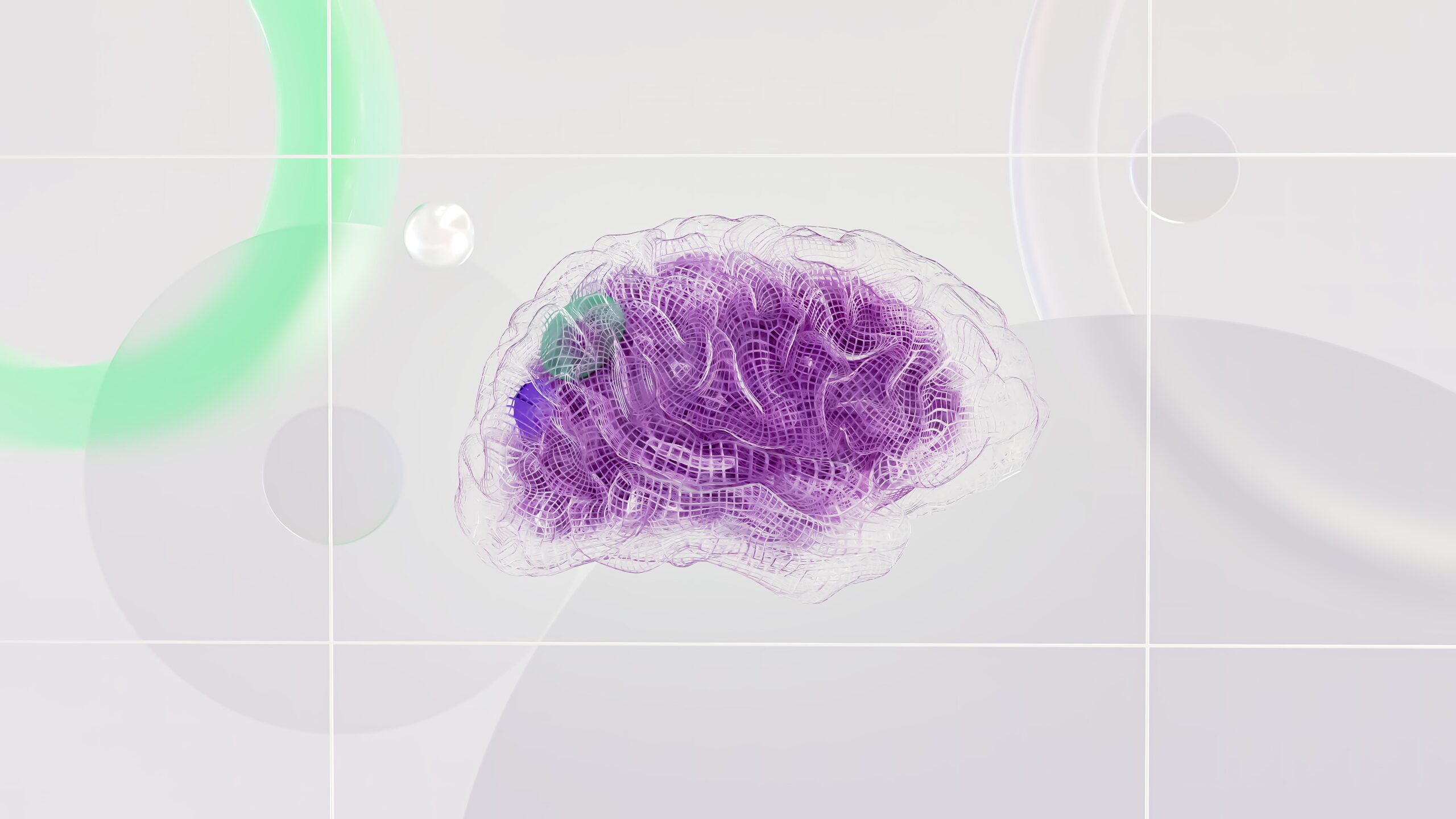 Ilustración 3D de un cerebro digital en malla púrpura, representando la capacidad de la inteligencia artificial para comprender la intención del usuario.