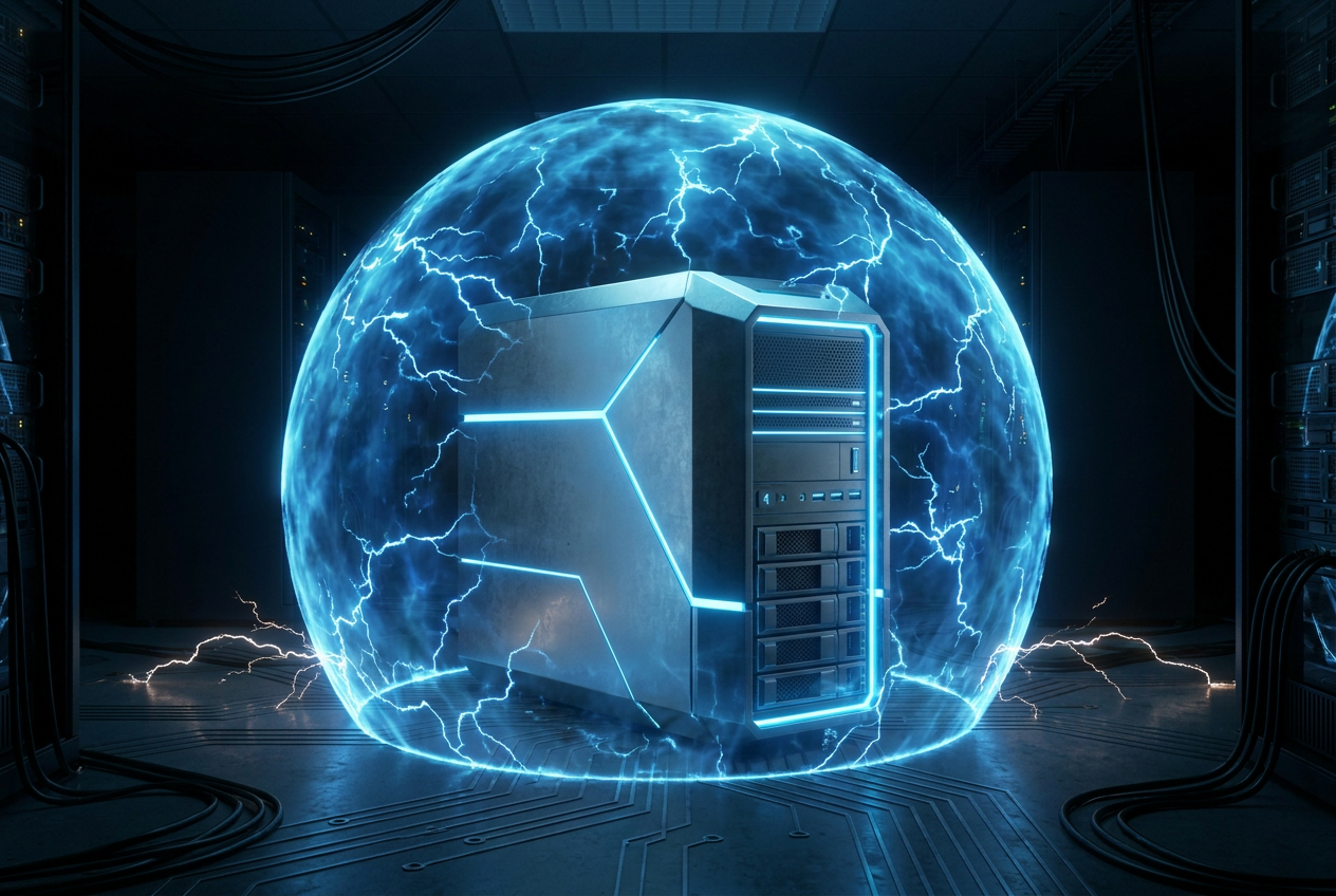 Representación conceptual de un servidor NAS protegido por un escudo digital contra cortes de energía.