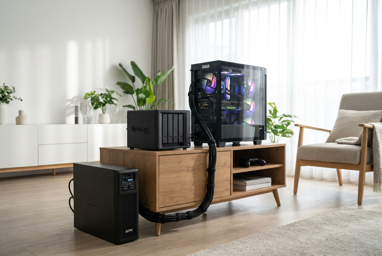 Configuración de servidor doméstico con NAS y PC conectados a un SAI para protección eléctrica.