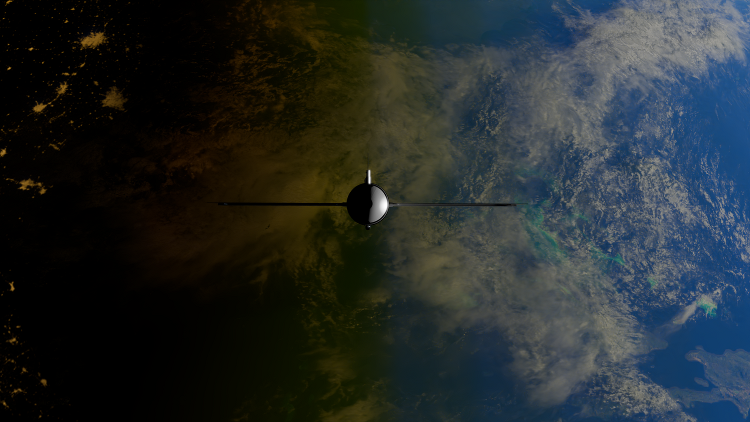 Vista digital de un satélite en órbita mostrando el contraste entre el océano y la tierra desde el espacio.