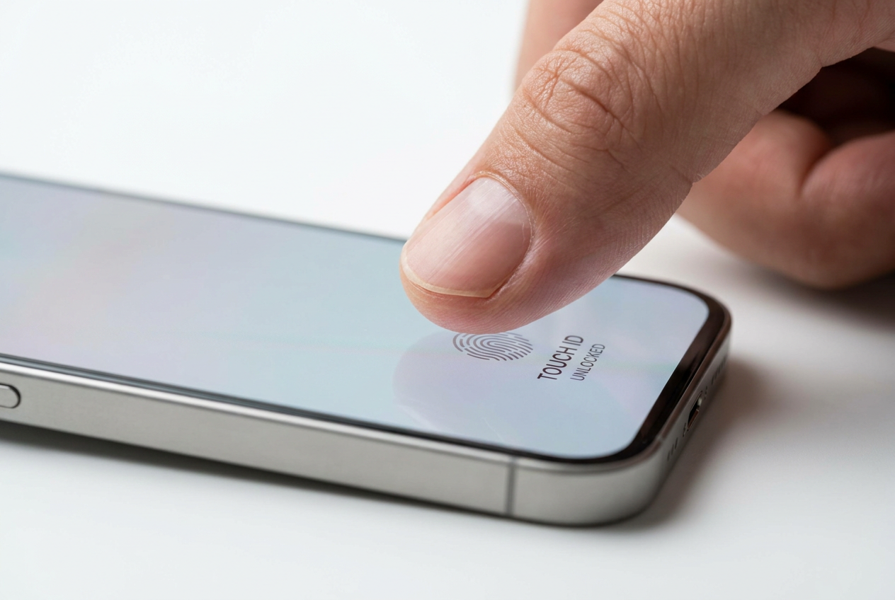 Fotografía profesional de un dedo desbloqueando un iPhone moderno mediante biometría, ilustrando la seguridad de Face ID y Touch ID.