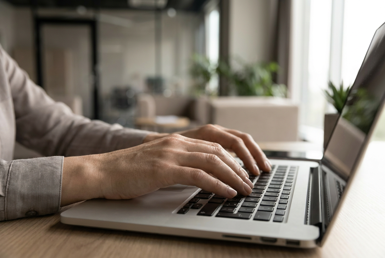 Primer plano de manos escribiendo en el teclado de una laptop, representando el flujo de trabajo activo en Notion. Primer plano de manos escribiendo en el teclado de una laptop, representando el flujo de trabajo activo en Notion.
