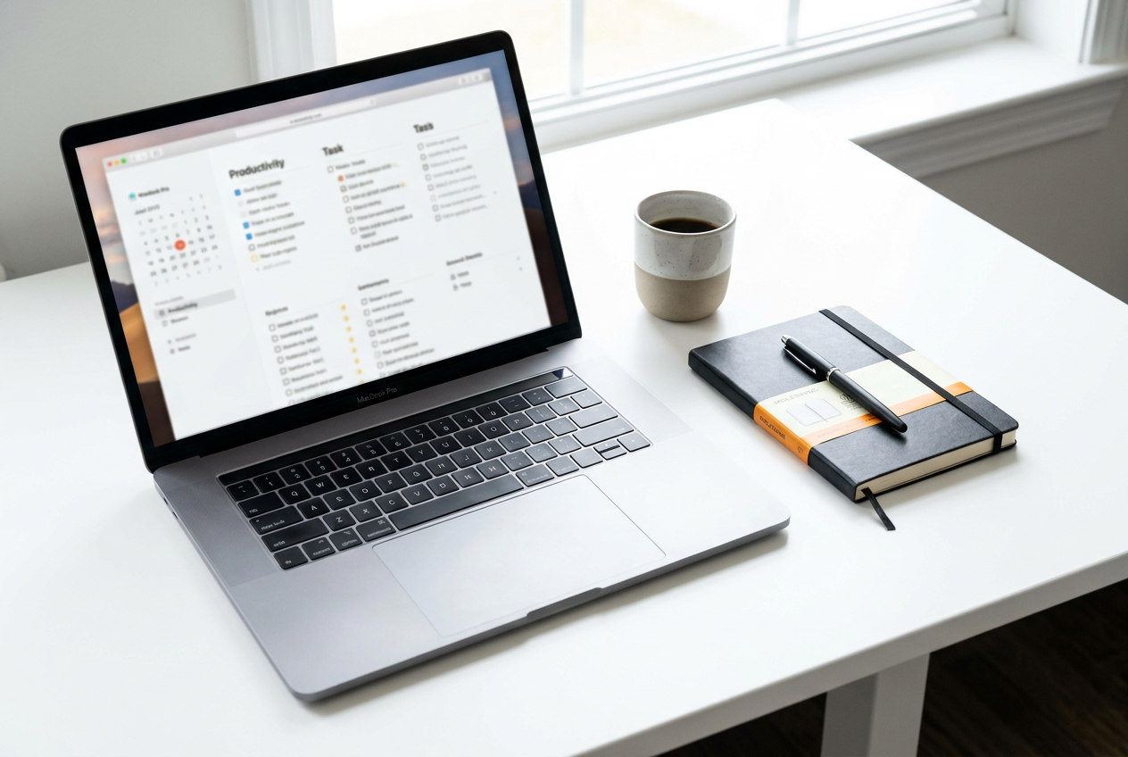 Vista cenital de un escritorio limpio con laptop y café, simbolizando un espacio de trabajo productivo y organizado. Vista cenital de un escritorio limpio con laptop y café, simbolizando un espacio de trabajo productivo y organizado.