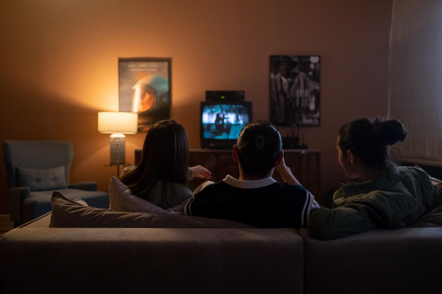 Grupo de amigos compartiendo una noche de cine en el salón, reflejando el aspecto relajante y social de ver películas con calidad original.