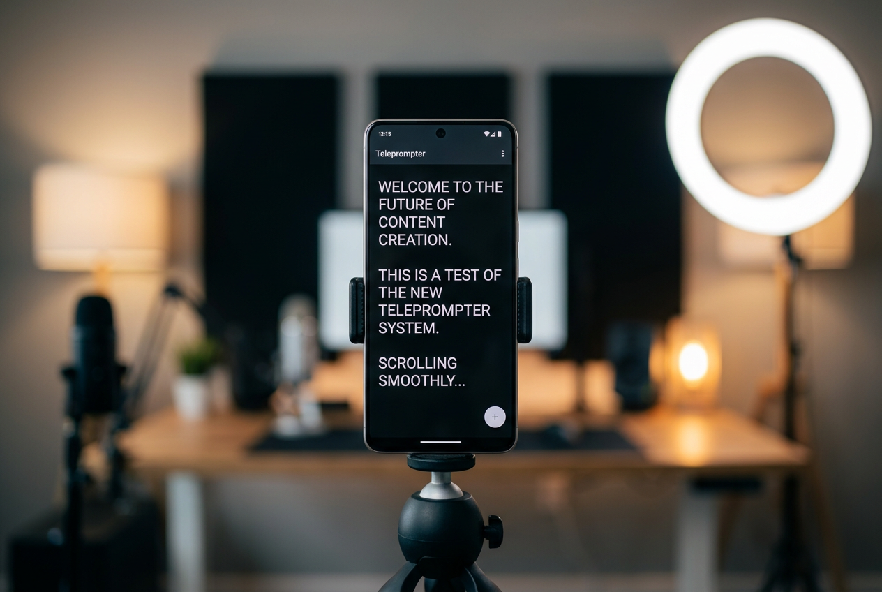 Smartphone montado en un trípode con una aplicación de teleprompter activa en un estudio de grabación profesional. Smartphone montado en un trípode con una aplicación de teleprompter activa en un estudio de grabación profesional.