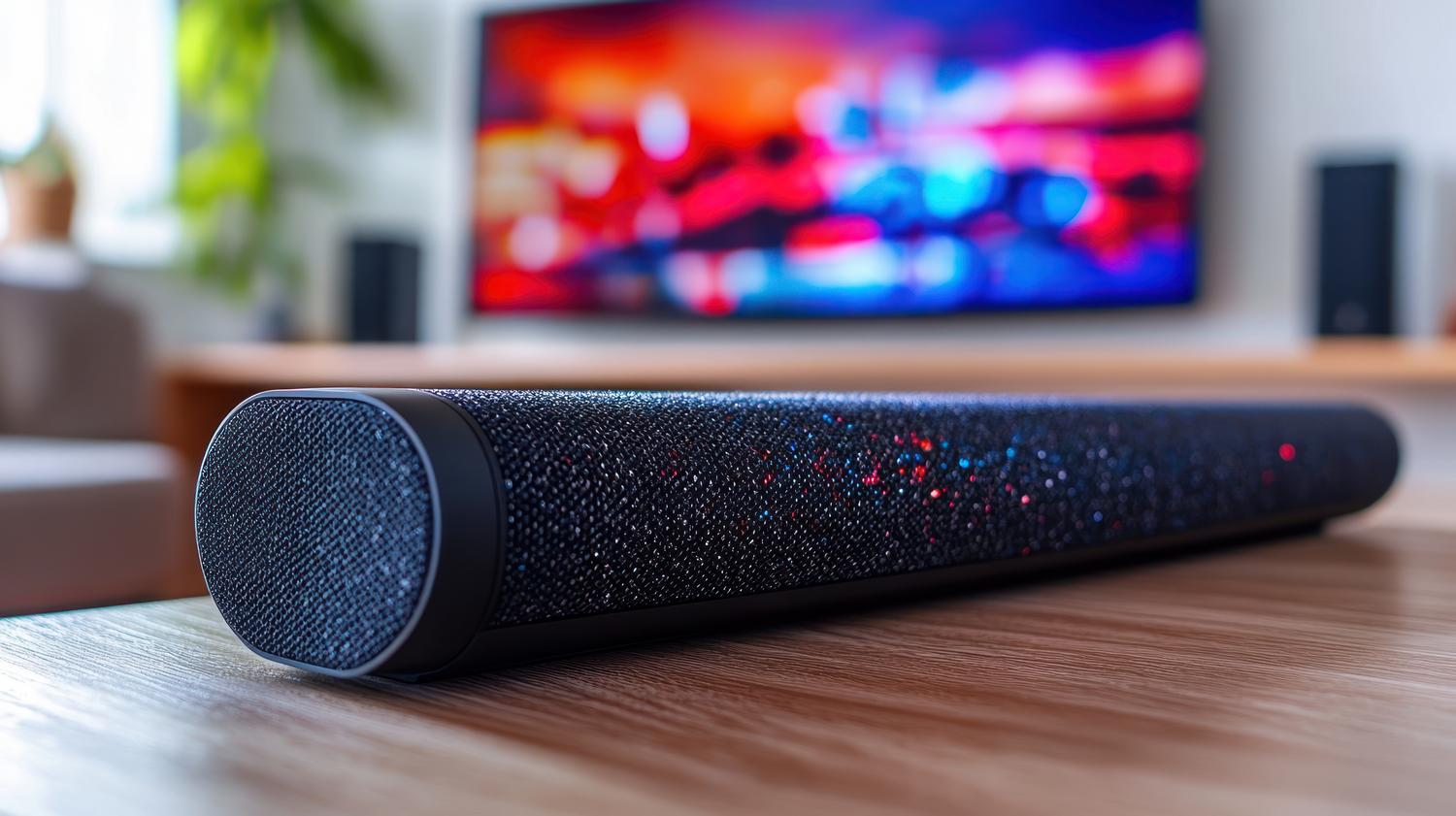Crni soundbar na drvenom stolu s televizorom u pozadini, koji prikazuje integraciju audio opreme u dnevnoj sobi.