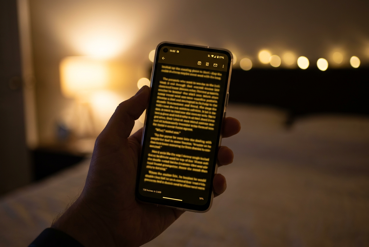 Smartphone con el filtro de luz nocturna activado mostrando tonos cálidos y ámbar en una habitación en penumbra