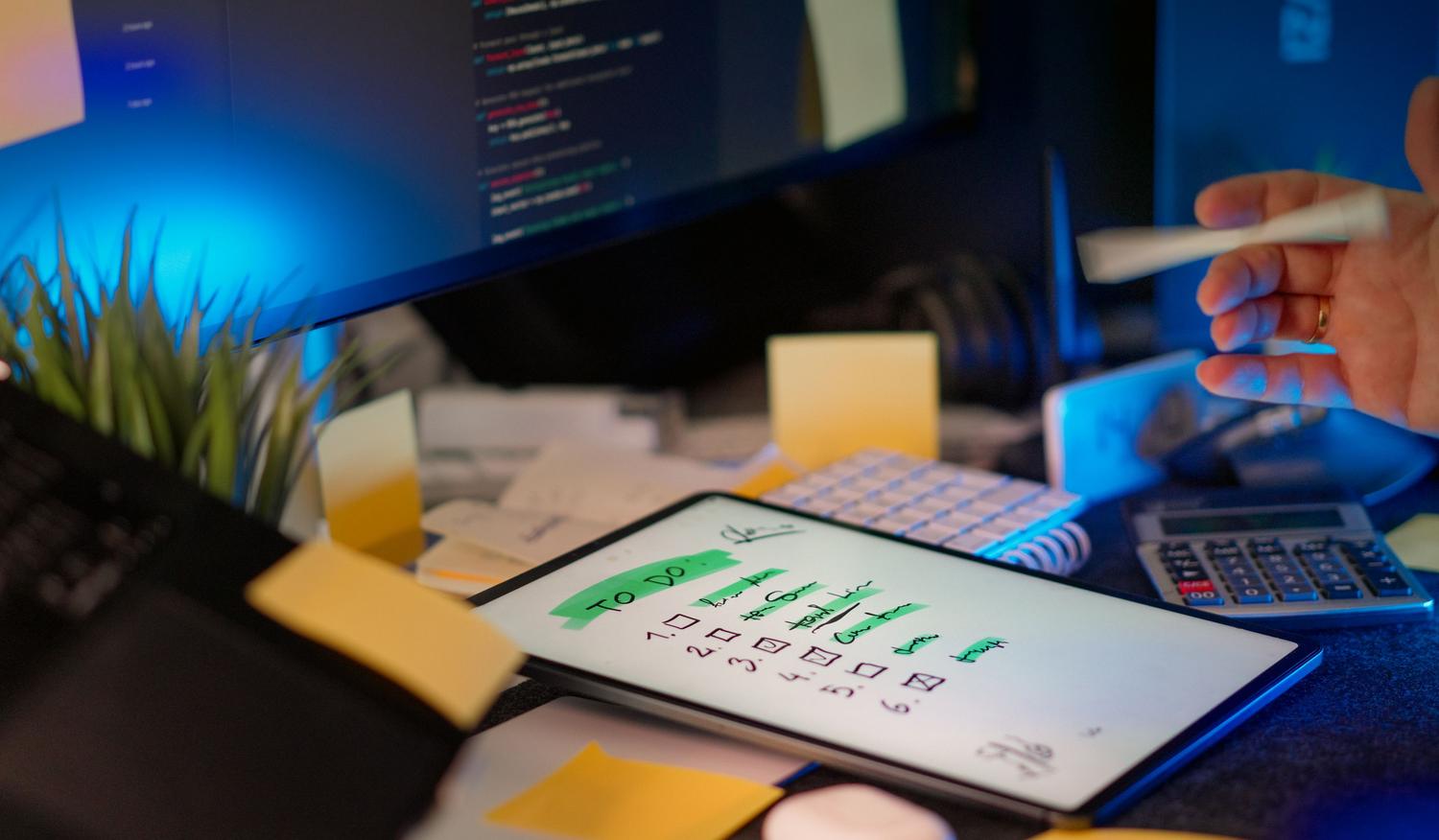 Espacio de trabajo moderno con una tablet mostrando una lista de tareas "To Do" y un monitor al fondo con líneas de código, representando la planificación y automatización digital.