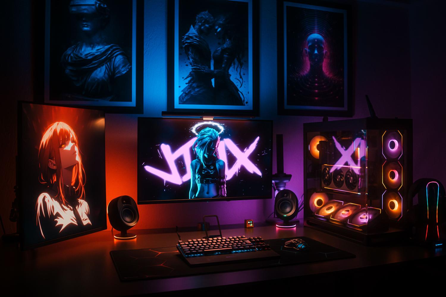 Setup gaming vibrante con múltiples monitores y luces RGB, ideal para mostrar la mejora en la saturación y calidad visual de los colores.