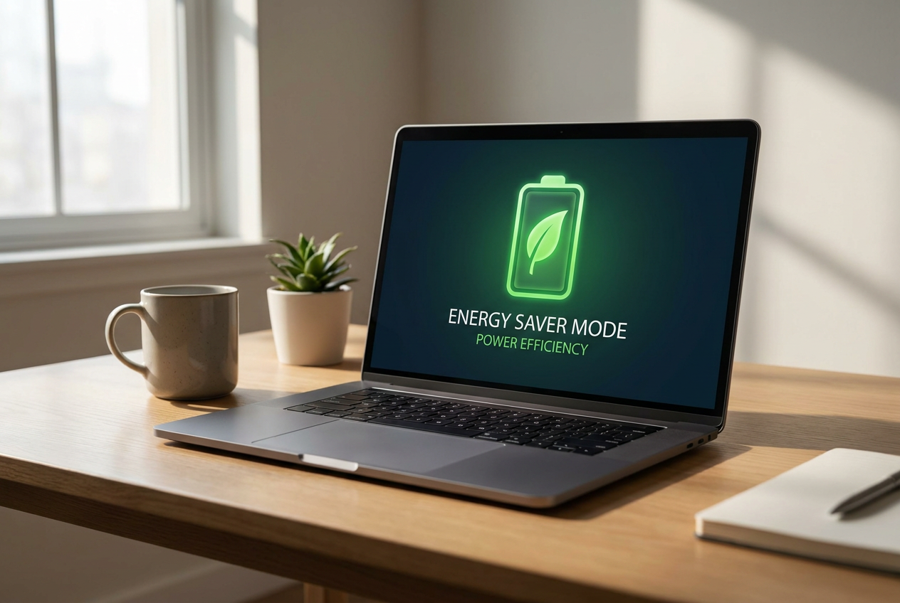 Ordenador portátil en modo ahorro de energía con icono de batería verde y hoja, simbolizando la eficiencia energética.