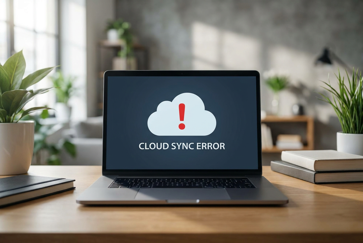 Representación conceptual de un error de sincronización en la nube con un icono de advertencia en la pantalla de un portátil.