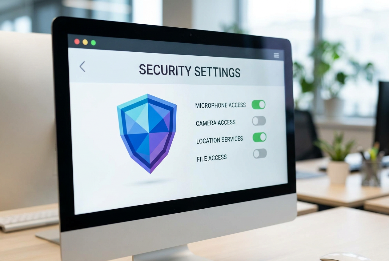 Primer plano de un menú de configuración de seguridad digital con un icono de escudo y selectores de permisos de acceso.