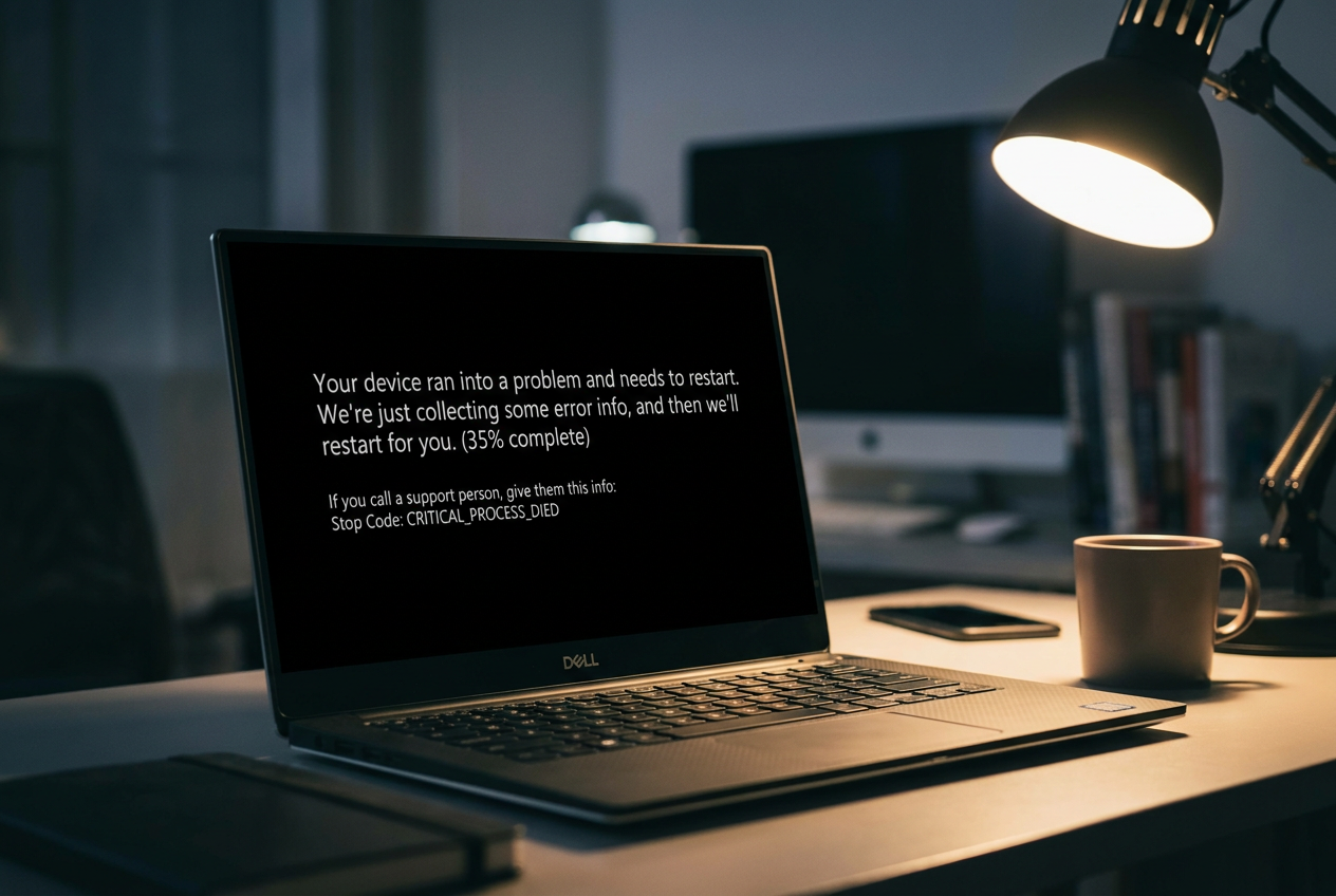 Pantalla negra de la muerte (BlSOD) de Windows 11 mostrando un código de error crítico en un portátil.